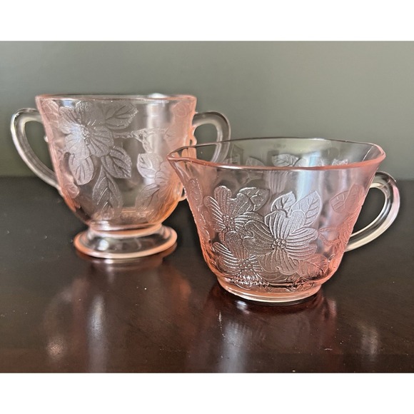 MacBeth-Evans Other - MacBeth-Evans Dogwood Pink Depression Glass Creamer Open Sugar Bowl Set 1930s